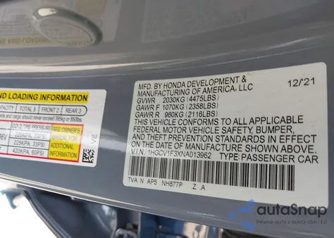 2022 Honda Accord Sport z USA, uszkodzony, nr VIN 1HGCV1F3XNA013962